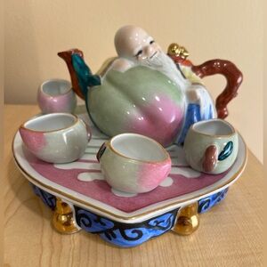 Vintage Chinese Porcelain 6 Pc Teapot Set Shou Lao God Of Longevity